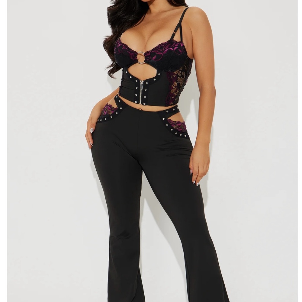 Diva Lace Flare Leg Pant Set - Black